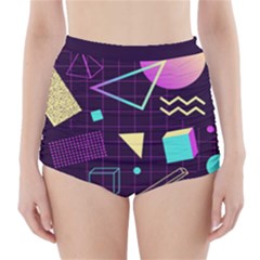 Retrowave Aesthetic Vaporwave Retro Memphis Pattern 80s Design 3d Geometric Shapes High-waisted Bikini Bottoms by genx