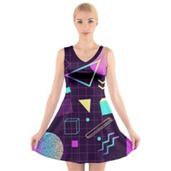 Retrowave Aesthetic Vaporwave Retro Memphis Pattern 80s Design 3d Geometric Shapes V-neck Sleeveless Dress by genx