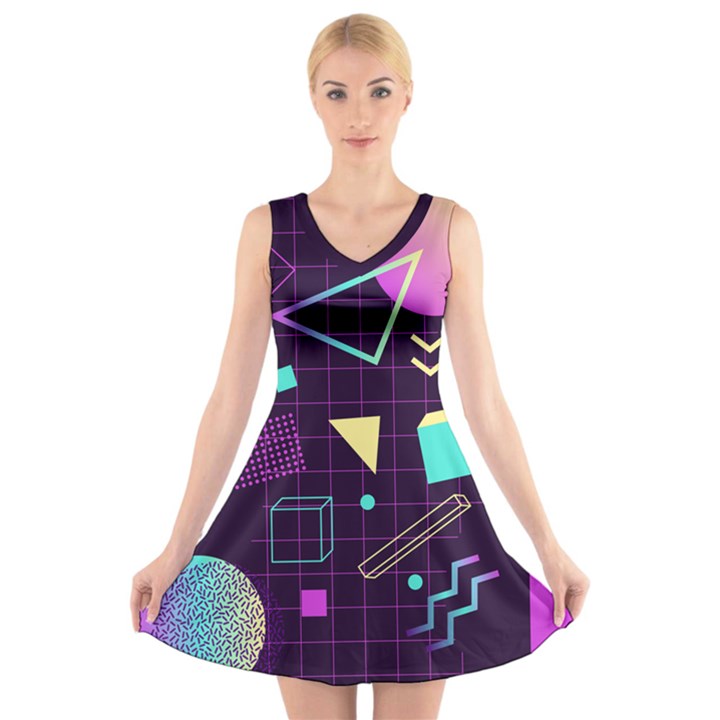 Retrowave Aesthetic vaporwave retro memphis pattern 80s design 3D geometric shapes V-Neck Sleeveless Dress