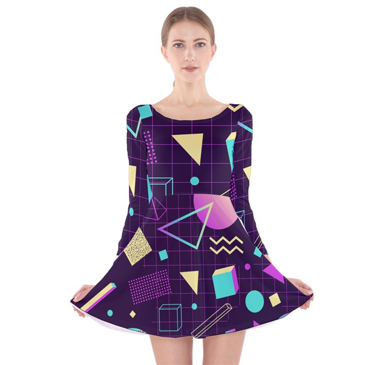 Retrowave Aesthetic vaporwave retro memphis pattern 80s design 3D geometric shapes Long Sleeve Velvet Skater Dress