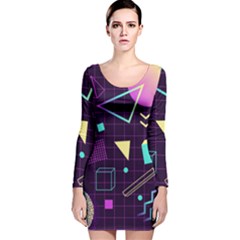 Retrowave Aesthetic Vaporwave Retro Memphis Pattern 80s Design 3d Geometric Shapes Long Sleeve Velvet Bodycon Dress by genx