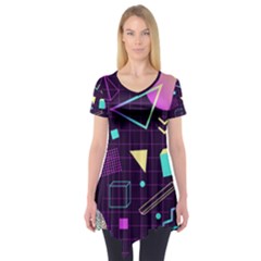 Retrowave Aesthetic Vaporwave Retro Memphis Pattern 80s Design 3d Geometric Shapes Short Sleeve Tunic  by genx