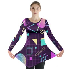 Retrowave Aesthetic Vaporwave Retro Memphis Pattern 80s Design 3d Geometric Shapes Long Sleeve Tunic  by genx