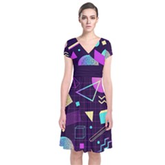 Retrowave Aesthetic Vaporwave Retro Memphis Pattern 80s Design 3d Geometric Shapes Short Sleeve Front Wrap Dress by genx