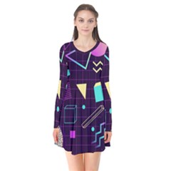 Retrowave Aesthetic Vaporwave Retro Memphis Pattern 80s Design 3d Geometric Shapes Long Sleeve V-neck Flare Dress by genx