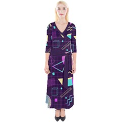 Retrowave Aesthetic Vaporwave Retro Memphis Pattern 80s Design 3d Geometric Shapes Quarter Sleeve Wrap Maxi Dress by genx