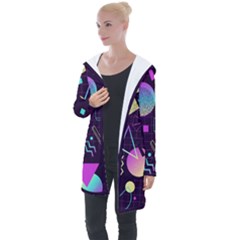 Retrowave Aesthetic Vaporwave Retro Memphis Pattern 80s Design 3d Geometric Shapes Longline Hooded Cardigan by genx