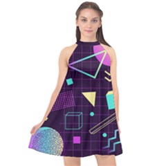 Retrowave Aesthetic Vaporwave Retro Memphis Pattern 80s Design 3d Geometric Shapes Halter Neckline Chiffon Dress  by genx