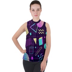 Retrowave Aesthetic Vaporwave Retro Memphis Pattern 80s Design 3d Geometric Shapes Mock Neck Chiffon Sleeveless Top by genx