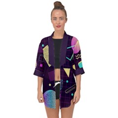 Retrowave Aesthetic Vaporwave Retro Memphis Pattern 80s Design 3d Geometric Shapes Open Front Chiffon Kimono by genx