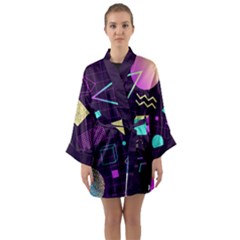 Retrowave Aesthetic Vaporwave Retro Memphis Pattern 80s Design 3d Geometric Shapes Long Sleeve Satin Kimono by genx