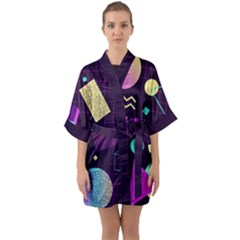 Retrowave Aesthetic Vaporwave Retro Memphis Pattern 80s Design 3d Geometric Shapes Half Sleeve Satin Kimono  by genx