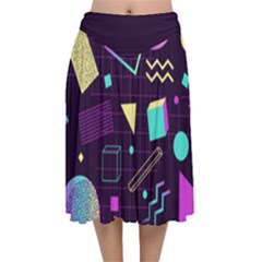 Retrowave Aesthetic Vaporwave Retro Memphis Pattern 80s Design 3d Geometric Shapes Velvet Flared Midi Skirt by genx