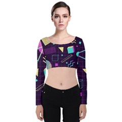 Retrowave Aesthetic Vaporwave Retro Memphis Pattern 80s Design 3d Geometric Shapes Velvet Long Sleeve Crop Top by genx