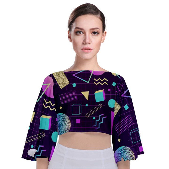 Retrowave Aesthetic vaporwave retro memphis pattern 80s design 3D geometric shapes Tie Back Butterfly Sleeve Chiffon Top