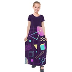 Retrowave Aesthetic Vaporwave Retro Memphis Pattern 80s Design 3d Geometric Shapes Kids  Short Sleeve Maxi Dress by genx