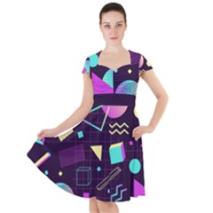 Retrowave Aesthetic Vaporwave Retro Memphis Pattern 80s Design 3d Geometric Shapes Cap Sleeve Midi Dress by genx