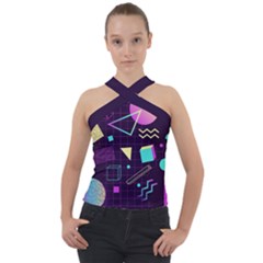 Retrowave Aesthetic Vaporwave Retro Memphis Pattern 80s Design 3d Geometric Shapes Cross Neck Velour Top by genx