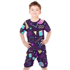 Retrowave Aesthetic Vaporwave Retro Memphis Pattern 80s Design 3d Geometric Shapes Kids  Tee And Shorts Set by genx