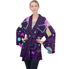 Retrowave Aesthetic Vaporwave Retro Memphis Pattern 80s Design 3d Geometric Shapes Long Sleeve Velvet Kimono  by genx