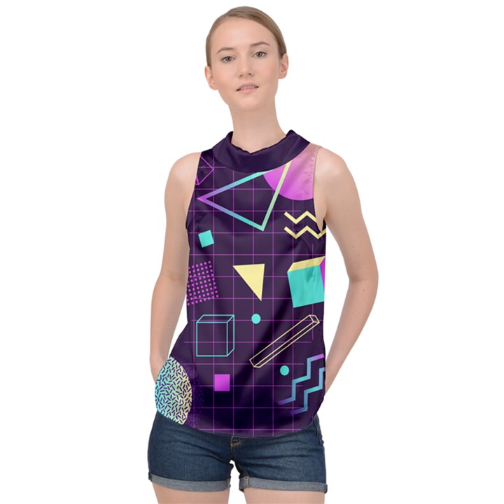 Retrowave Aesthetic vaporwave retro memphis pattern 80s design 3D geometric shapes High Neck Satin Top