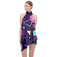 Retrowave Aesthetic Vaporwave Retro Memphis Pattern 80s Design 3d Geometric Shapes Halter Asymmetric Satin Top by genx