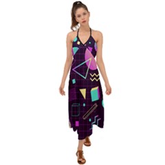 Retrowave Aesthetic Vaporwave Retro Memphis Pattern 80s Design 3d Geometric Shapes Halter Tie Back Dress  by genx