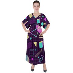 Retrowave Aesthetic Vaporwave Retro Memphis Pattern 80s Design 3d Geometric Shapes V-neck Boho Style Maxi Dress by genx