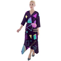 Retrowave Aesthetic Vaporwave Retro Memphis Pattern 80s Design 3d Geometric Shapes Quarter Sleeve Wrap Front Maxi Dress by genx