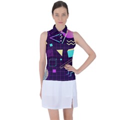 Retrowave Aesthetic Vaporwave Retro Memphis Pattern 80s Design 3d Geometric Shapes Women’s Sleeveless Polo by genx