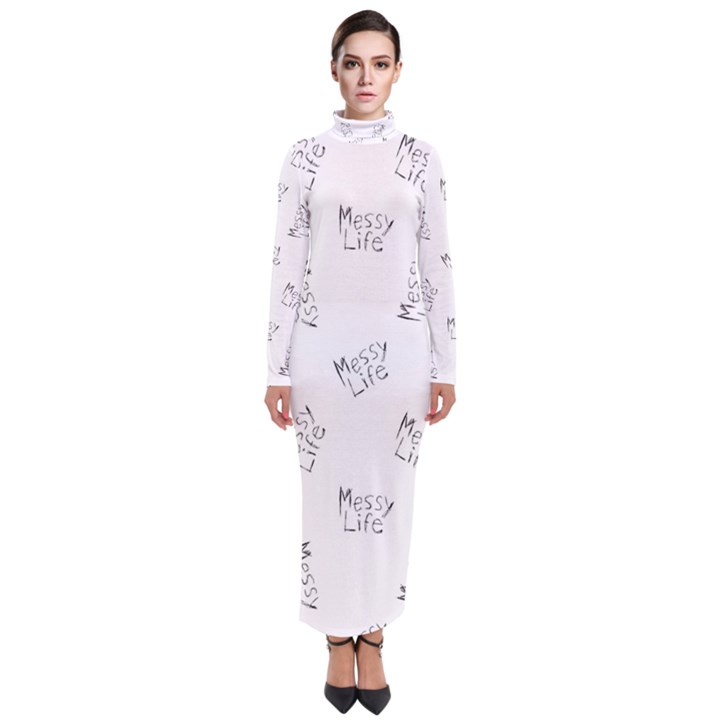 Messy Life Phrase Motif Typographic Pattern Turtleneck Maxi Dress