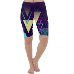 Retrowave Aesthetic Vaporwave Retro Memphis Triangle Pattern 80s Yellow Turquoise Purple Cropped Leggings  by genx