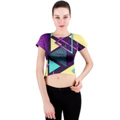 Retrowave Aesthetic Vaporwave Retro Memphis Triangle Pattern 80s Yellow Turquoise Purple Crew Neck Crop Top by genx