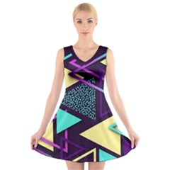 Retrowave Aesthetic Vaporwave Retro Memphis Triangle Pattern 80s Yellow Turquoise Purple V-neck Sleeveless Dress by genx