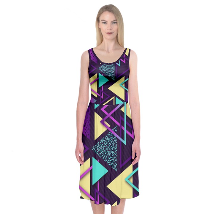 Retrowave Aesthetic vaporwave retro memphis triangle pattern 80s yellow turquoise purple Midi Sleeveless Dress