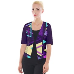 Retrowave Aesthetic Vaporwave Retro Memphis Triangle Pattern 80s Yellow Turquoise Purple Cropped Button Cardigan by genx