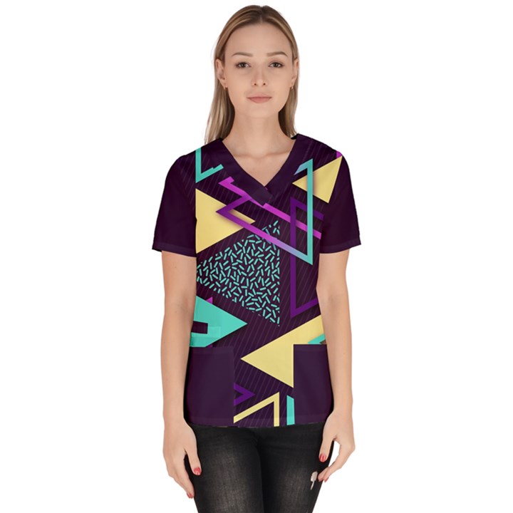 Retrowave Aesthetic vaporwave retro memphis triangle pattern 80s yellow turquoise purple Women s V-Neck Scrub Top