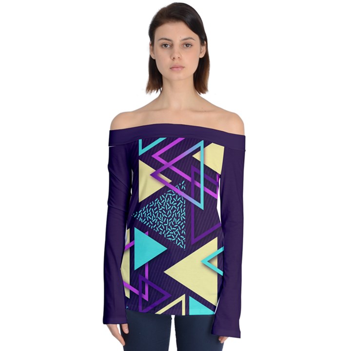 Retrowave Aesthetic vaporwave retro memphis triangle pattern 80s yellow turquoise purple Off Shoulder Long Sleeve Top