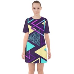 Retrowave Aesthetic Vaporwave Retro Memphis Triangle Pattern 80s Yellow Turquoise Purple Sixties Short Sleeve Mini Dress by genx