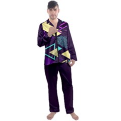 Retrowave Aesthetic Vaporwave Retro Memphis Triangle Pattern 80s Yellow Turquoise Purple Men s Satin Pajamas Long Pants Set by genx