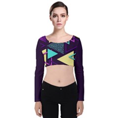 Retrowave Aesthetic Vaporwave Retro Memphis Triangle Pattern 80s Yellow Turquoise Purple Velvet Long Sleeve Crop Top by genx