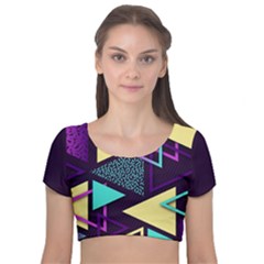 Retrowave Aesthetic Vaporwave Retro Memphis Triangle Pattern 80s Yellow Turquoise Purple Velvet Short Sleeve Crop Top  by genx