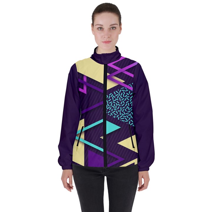 Retrowave Aesthetic vaporwave retro memphis triangle pattern 80s yellow turquoise purple Women s High Neck Windbreaker