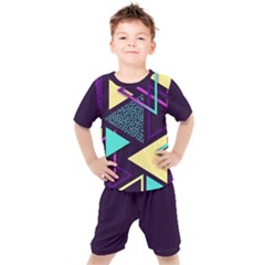 Retrowave Aesthetic Vaporwave Retro Memphis Triangle Pattern 80s Yellow Turquoise Purple Kids  Tee And Shorts Set by genx