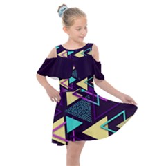 Retrowave Aesthetic Vaporwave Retro Memphis Triangle Pattern 80s Yellow Turquoise Purple Kids  Shoulder Cutout Chiffon Dress by genx