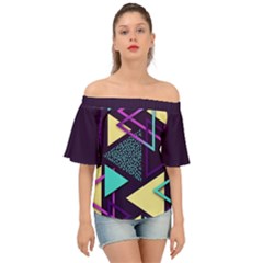 Retrowave Aesthetic Vaporwave Retro Memphis Triangle Pattern 80s Yellow Turquoise Purple Off Shoulder Short Sleeve Top by genx