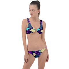 Retrowave Aesthetic Vaporwave Retro Memphis Triangle Pattern 80s Yellow Turquoise Purple Ring Detail Crop Bikini Set by genx