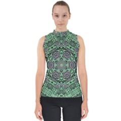 Bamboo Wood And Flowers In The Green Mock Neck Shell Top by pepitasart