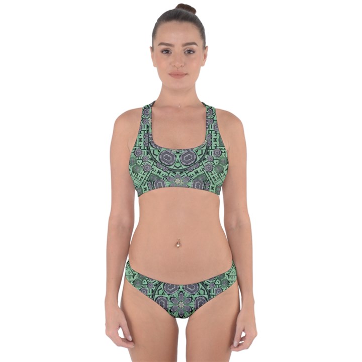 Bamboo Wood And Flowers In The Green Cross Back Hipster Bikini Set