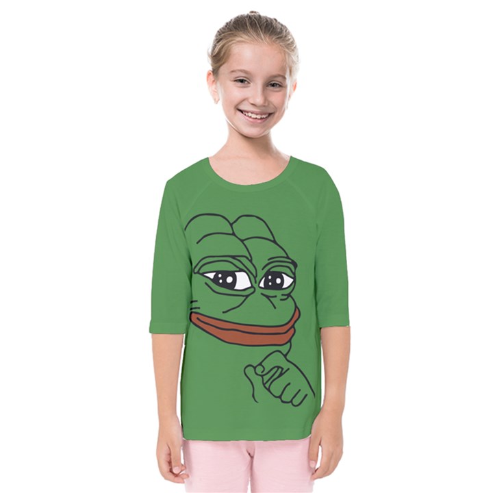 Pepe The Frog Smug face with smile and hand on chin meme Kekistan all over print green Kids  Quarter Sleeve Raglan Tee